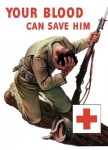 Propaganda from the American Red Cross concerning its blood donation services for the war effort. 